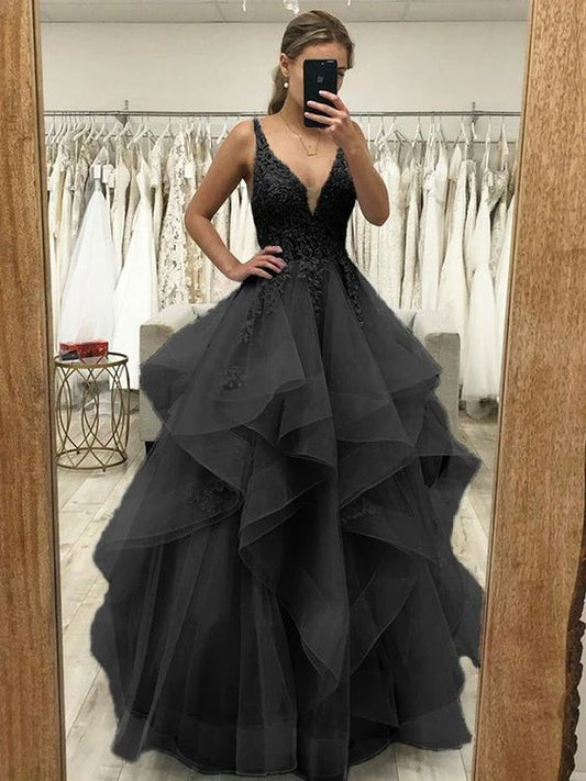 A-Line/Princess Tulle Applique V-neck Sleeveless Floor-Length Dresses Prom Dress    fg4509