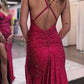 Sparkly Dark Red One Shoulder Sheath Long Prom Dress with Slit Formal Evening Dresses     fg5380