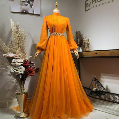 Orange Prom Dresses, Pleats Prom Dresses, Prom Dresses, Long Sleeve Prom Dresses, Tulle Prom Dresses, High Neck Prom Dress    fg4382