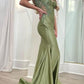 Spaghetti Straps V Neck Green Mermaid Long Prom Dress With Applique        fg5302