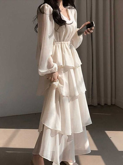 Casual Dresses V Neck Layered Ruffle Lantern Long Sleeve Cake Dress      fg4753