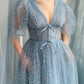 A line Tea Length Gray Blue Prom Dress, Gray Blue Formal Wedding Party Dress     fg5298