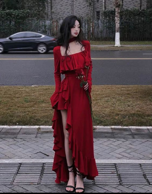 Vintage Elegant Dress Women Flare Sleeve Sweet Long Irregular Dress     fg4904