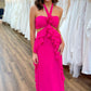 Halter Cut Out Ruffle Long Formal Prom Dress          fg4732