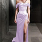 Sheath Off-the-Shoulder Sweep Train Satin Prom Dresses With Leg Slit       fg4848