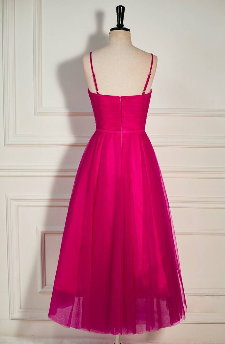 Fuchsia Straps A-line Tulle Tea-Length Prom Dress     fg4644