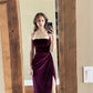 maroon prom velvet dress straps slit prom dress    fg5216