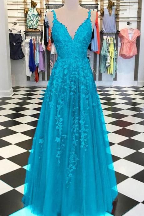 Fancy Girls V neck Lace Appliques Prom Dresses with Straps     fg4654