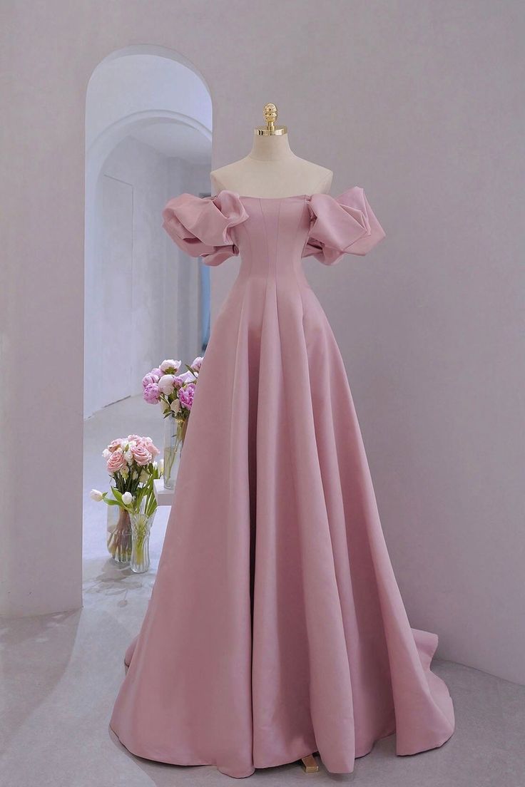 Satin Long A-Line Prom Dress, Puff Sleeves Formal Evening Dress      fg5174