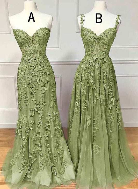 Lovely Sage Green Tulle with Lace Long Formal Dress, Sweetheart Prom Dress     fg4487