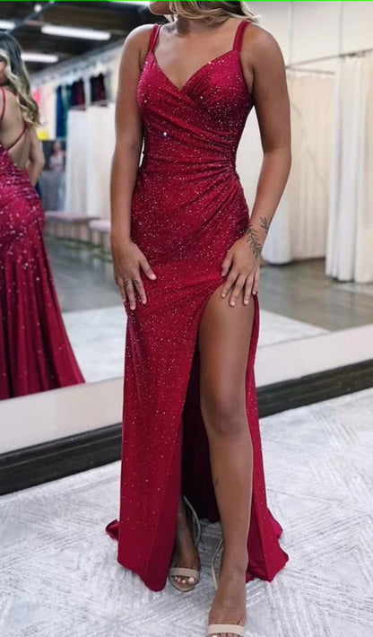 Sparkly Dark Red One Shoulder Sheath Long Prom Dress with Slit Formal Evening Dresses     fg5380