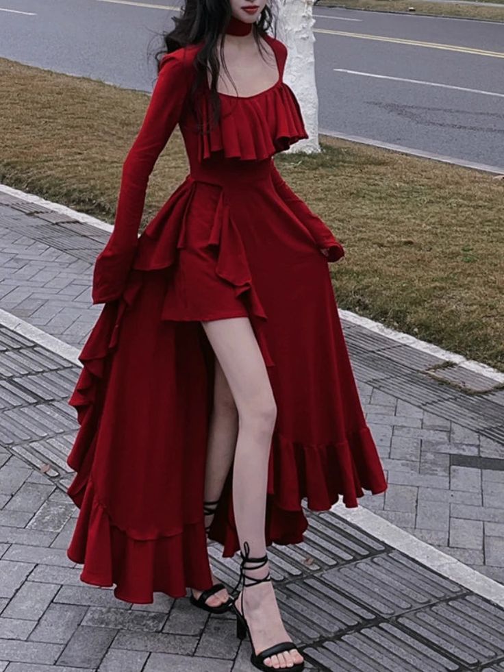 Vintage Elegant Dress Women Flare Sleeve Sweet Long Irregular Dress     fg4904