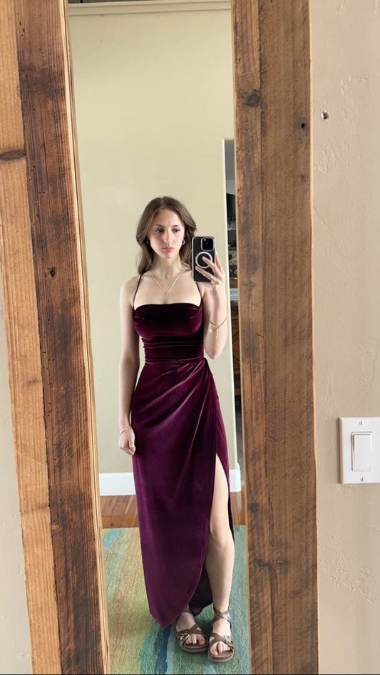 maroon prom velvet dress straps slit prom dress    fg5216