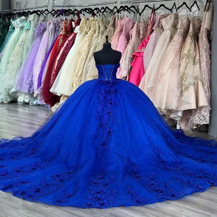 Blue Princess Quinceanera Dresses Sweetheart 3D Floral Applique vestidos de 15 años Sweep Train Prom Lace Up sweet 16 dress    fg5375