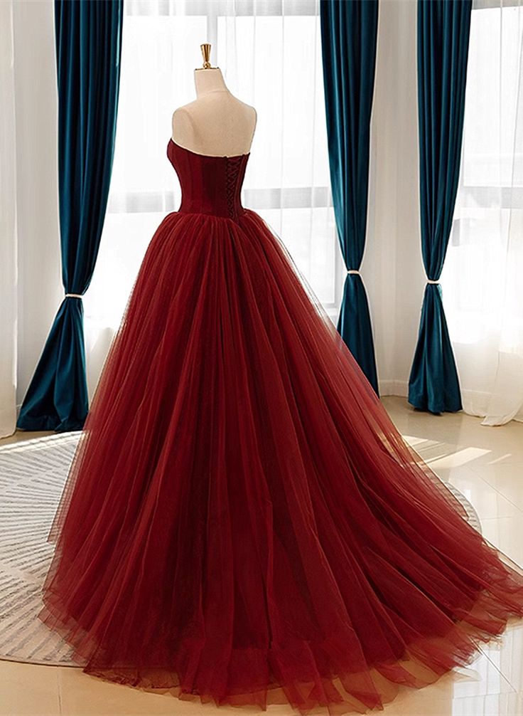 Wine Red Tulle Scoop Long Formal Dress, Wine Red Tulle Prom Dress Party Dress      fg5044