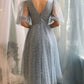 A line Tea Length Gray Blue Prom Dress, Gray Blue Formal Wedding Party Dress     fg5298