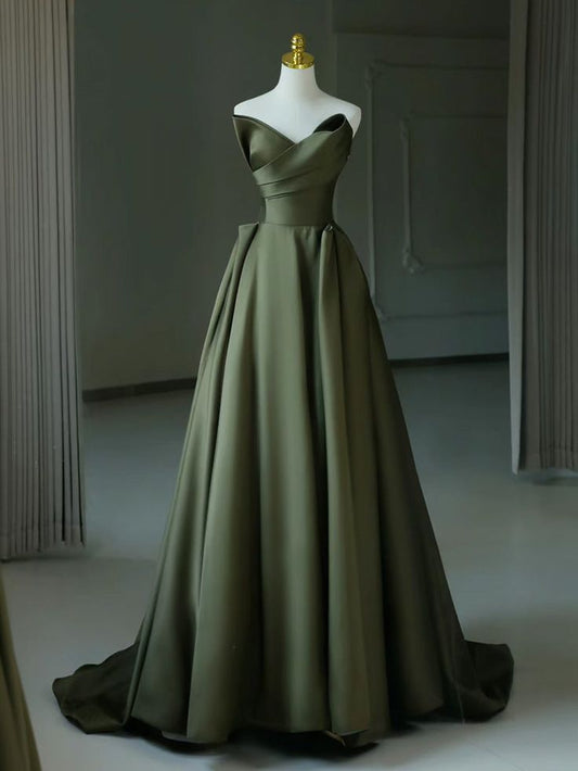 A-Line V Neck Satin Green Long Prom Dress, Green Long Evening Dress    fg5382