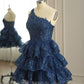 Dark Navy One Shoulder Appliques Multi-Layers Tulle Homecoming Dress    fg4307