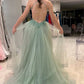 Sage Green Tulle Floral Lace Backless A-Line Prom Dress with Slit      fg4185