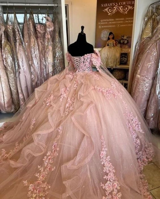 Pink Ball Gown Quinceanera Dresses with Cape 15 Party 3D Flower Princess Dresses with Lace     fg4104