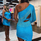 One Shoulder Long Sleeve Sequins Homecoming Dress with Tassels    fg3559