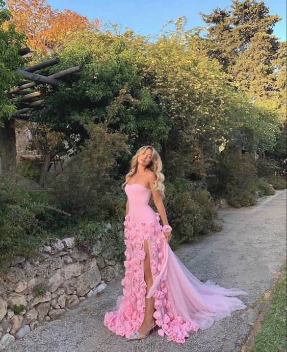 Pink prom dress with flowers best sale