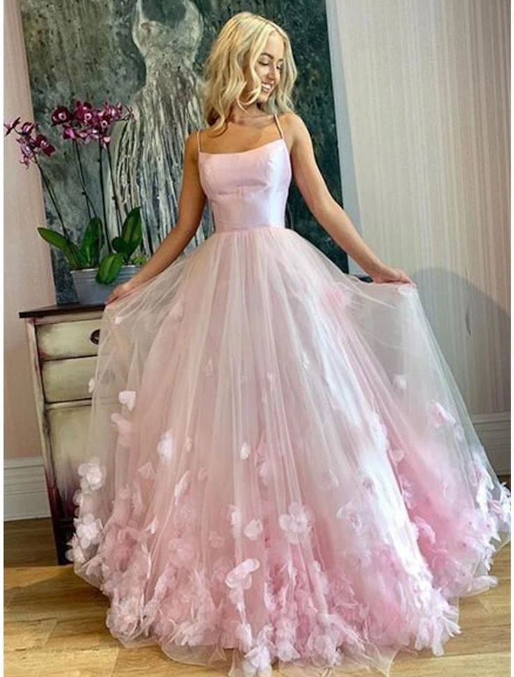 A-Line Prom Dresses Floral Dress Performance Sweet 16 Floor Length Sleeveless Spaghetti Strap Tulle with Pleats Appliques     fg4062