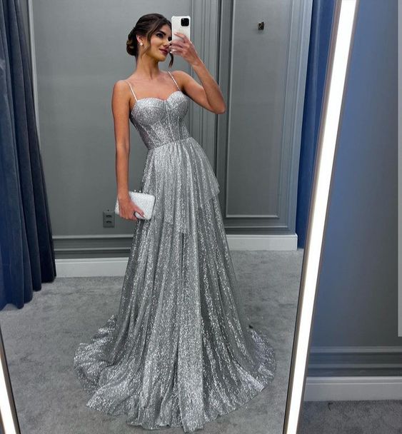 Sexy Spaghetti Strap Shiny A Line Prom Dress 2023 Silvery Glitter Swee Formalgowns 2514
