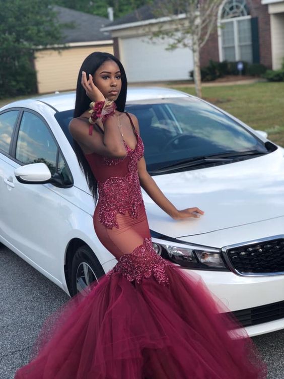 Burgundy mermaid prom dress best sale