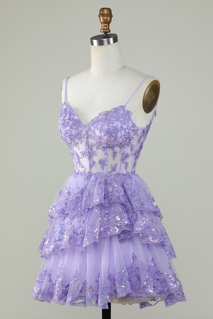 Straps Lavender Sequins Corset Layered Homecoming Dress      fg3729