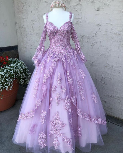 Long Sleeve Quinceanera Dress Prom Ball Gowns Lace Applique Beaded Cold Shoulder Corset Back Prom Sweet 16 Dress     fg4071