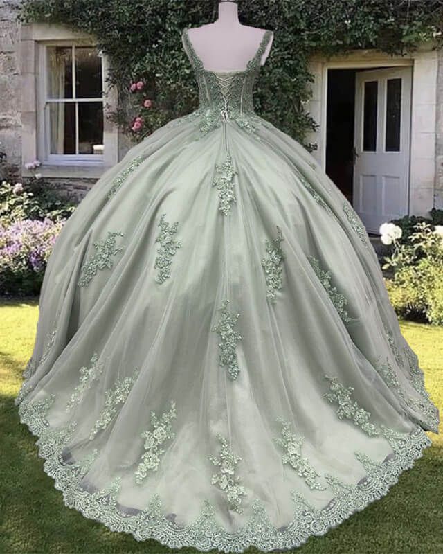 Sage Corset Ball Gown Appliques Tulle Prom Dress      fg3379