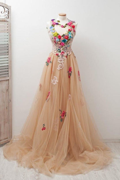 Lovely Open Back Charming Tulle Elegant Prom Dresses Applique Prom Gowns        fg3823