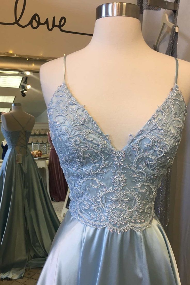 Light Blue Lace Lace-Up Back A-Line Prom Dress with Slit      fg3632