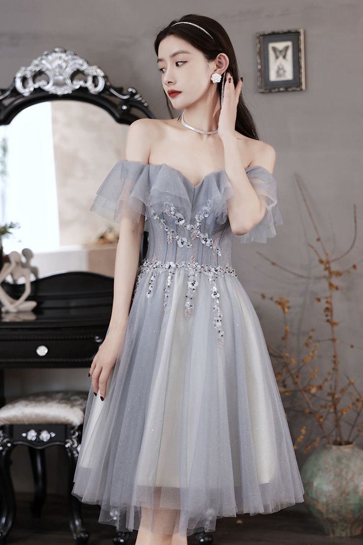 Gray tulle beads short prom dress party dress      fg3825