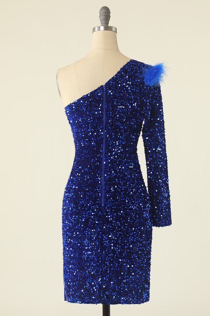 One Shoulder Sequined Cocktail Dress With Feathers      fg3845