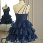 Dark Navy One Shoulder Appliques Multi-Layers Tulle Homecoming Dress    fg4307