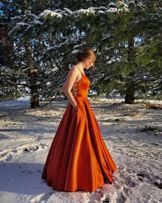 Burnt orange satin prom dress ballgown with pockets       fg3911