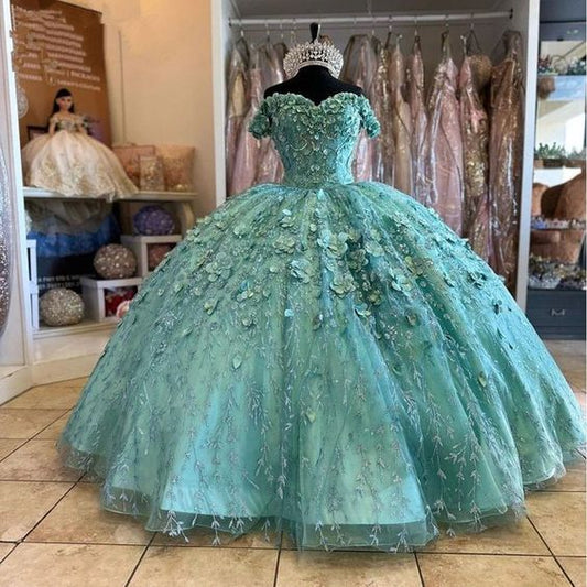 Mint Green Quinceanera Dresses with cape Floral Appliques Lace-up Back Corset prom Sweet 15 Girls Birthday Party dress      fg4290