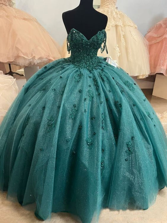 Ball Gown Beaded Quinceanera Dress Spaghetti Straps Emerald Green Quince Dress      fg4214