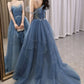 Blue Gorgeous Spaghetti Straps Tiered Tulle Prom Dress, Sparkly Dress With Beading       fg4000