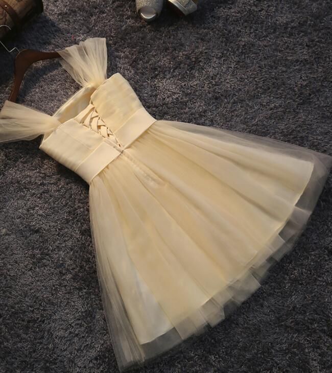 Lovely Champagne Tulle Cute Teen Homecoming Dress with Bow, Straps Tulle Formal Dresses      fg3745