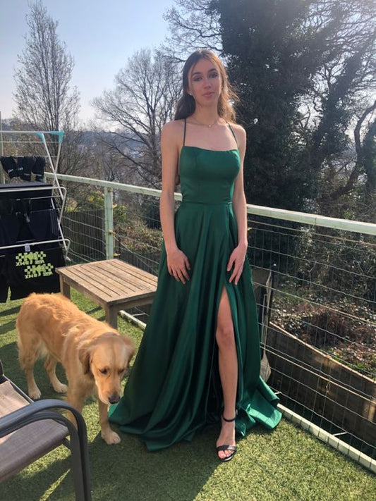 Green A line Prom Dresses Long Side Slit Spaghetti Strap Sexy Satin Formal Evening Dress    fg4203