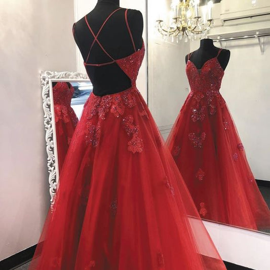 Red lace prom dress, lace applique prom dresses, spagehtti strap prom dresses    fg3405