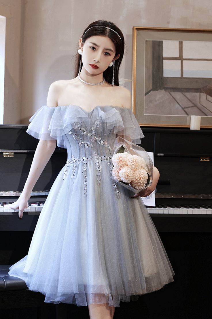 Gray tulle beads short prom dress party dress      fg3825