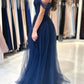 Elegant Long Navy Blue Off-the-shoulder A-line Sleeveless Prom Dresses      fg4312