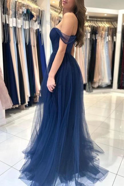 Elegant Long Navy Blue Off-the-shoulder A-line Sleeveless Prom Dresses      fg4312