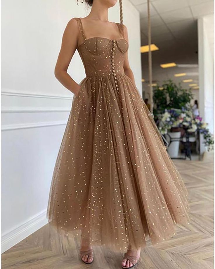 Khaki Vintage Tea Length Sweetheart Tulle Prom Dress       fg3670