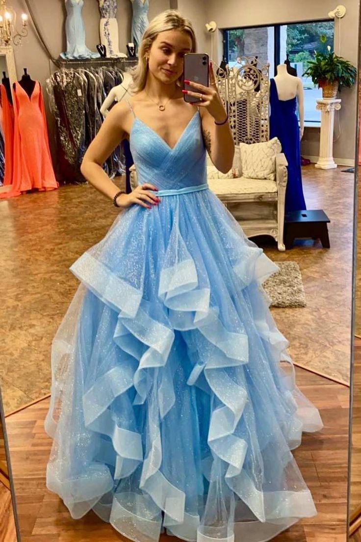 Blue Tulle Multi-Tiered A-Line Prom Gown fg4144 – formalgowns