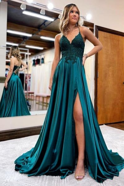 Spaghetti-Straps Lace Applique Backless Evening Gowns With Split      fg4107